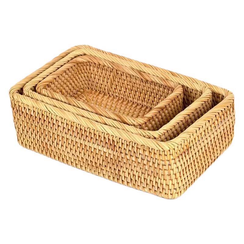 Ru Han Chinese Style Handwoven Rattan Rectangular Storage Basket