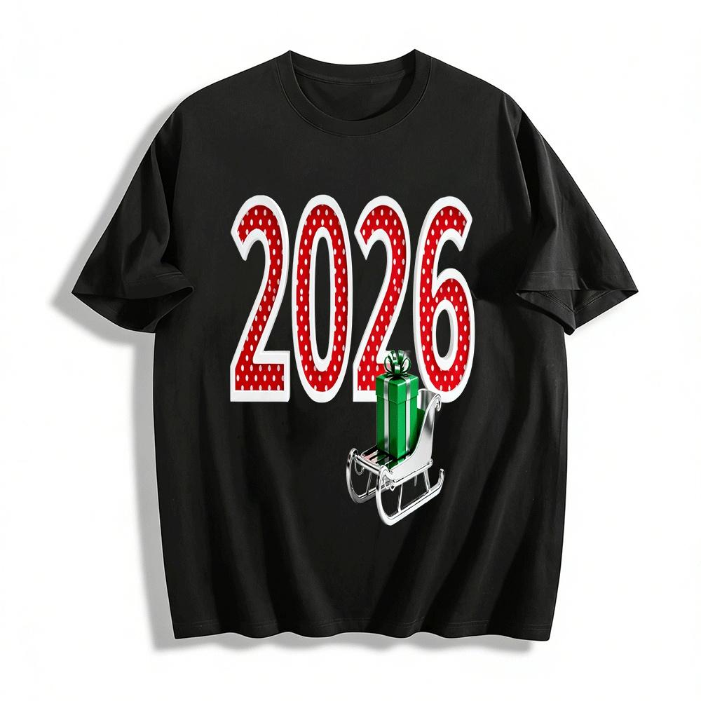 

2026 New Year Polka Dot Print Sleigh Gift Box Casual Top Pure cotton T-shirt XXS