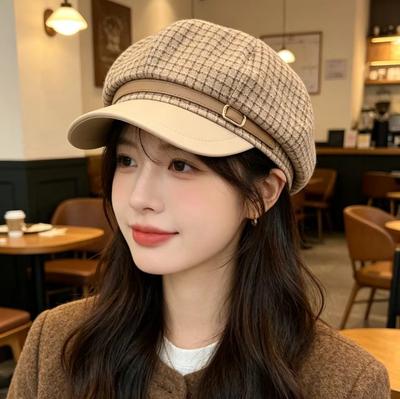 Retro Plaid Octagonal Hat Women's Spring British Style Duck Tongue Newsboy Hat Fashion Shading Temperament Painter Hat