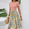 Women's Casual Fashion Belted Floral Print Short Sleeve Round Neck Elegant Dress