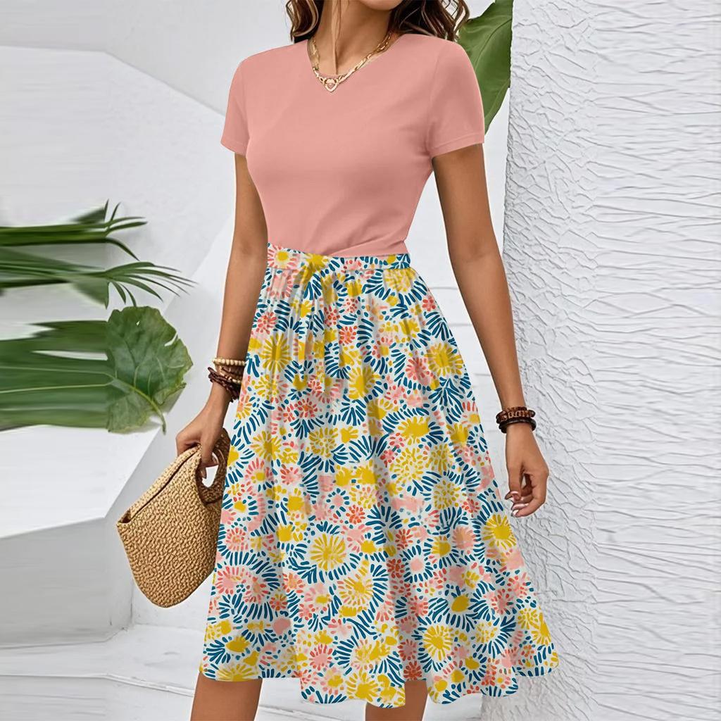 Women's Casual Fashion Belted Floral Print Short Sleeve Round Neck Elegant Dress