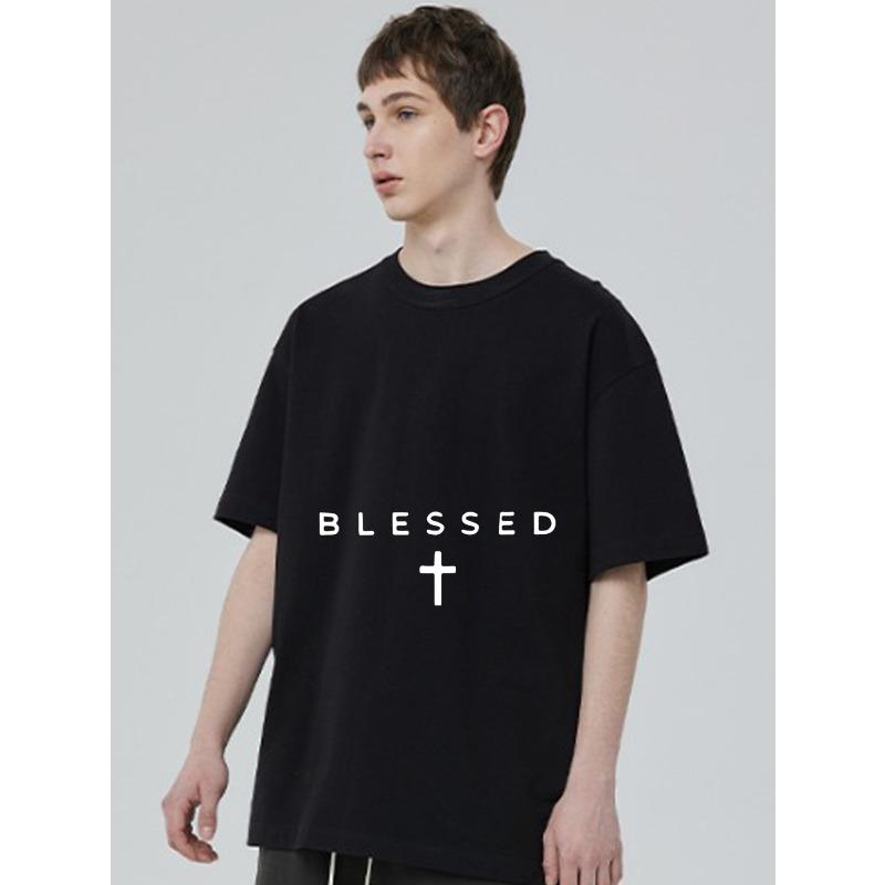 Black T Shirt Blessed Cross Print Casual Streetwear Fashion Top for Men and Women