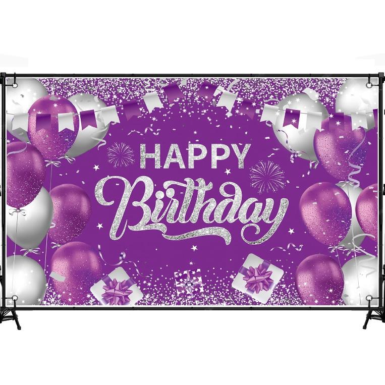 Purple Silver Happy Birthday Backdrop Banner, 6x3.6ft Purple Silver Backdrop Sign, Birthday Party Supplies Photo Background for Children Men Women. PinKSilver-MHB