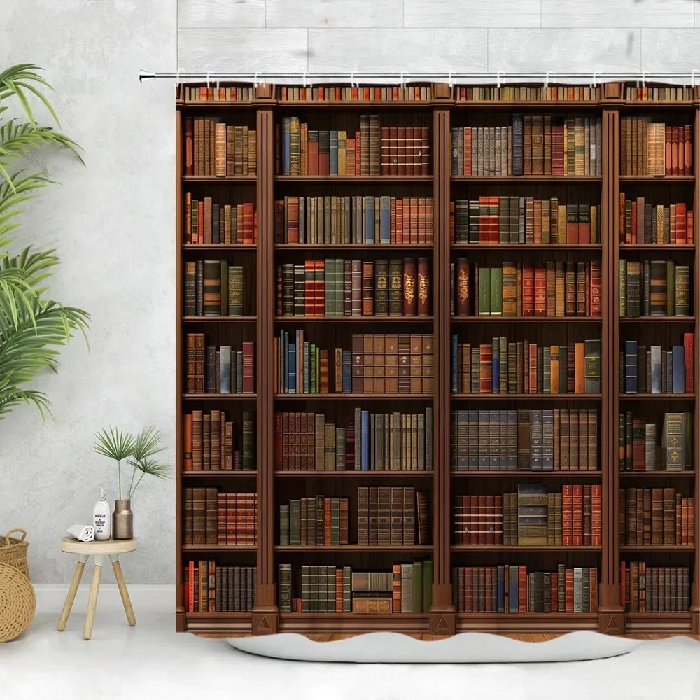 

Vintage Library Shower Curtain Old Book Bookshelf Candle Magic Wooden Antique Polyester Fabric Bathroom Decora Curtain Washable 90x180cm35x71in