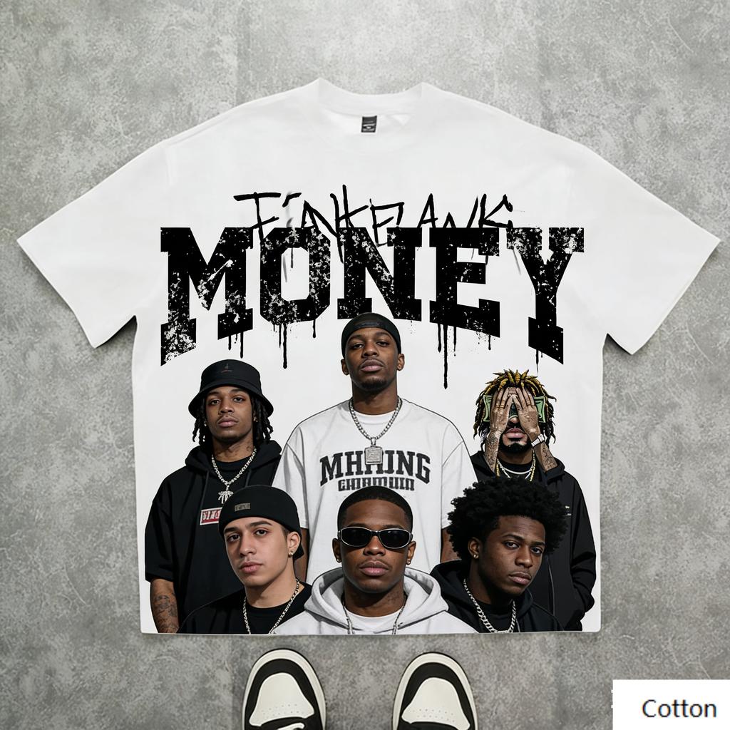 Vintage Hip Hop Crew Graphic T Shirt, Cotton Crew Neck Short Sleeve Tee, FANTAK MONEY Group Print Unisex Top