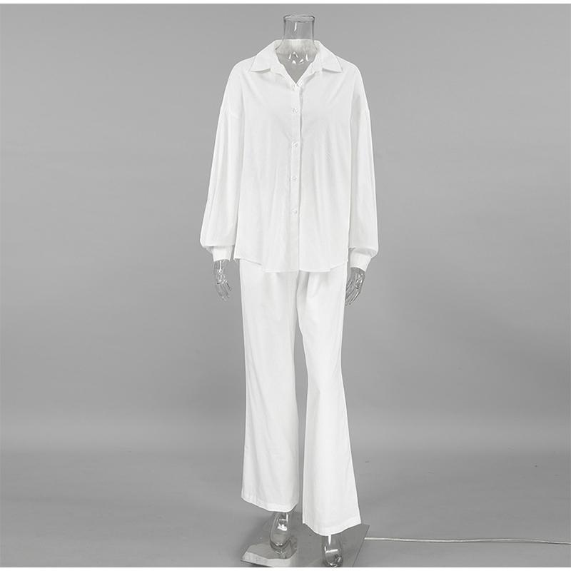 Fashion Loose White Cotton Women 2 Piece Set Outfit Elegant Long Sleeve Blouses With High Waist Wide Pants Spring Autumn Solid Color Female Set