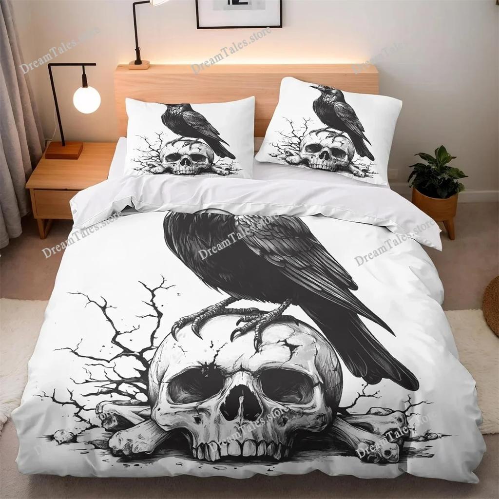 Crow Skeleton Microfiber Bedding Set with Pillowcases,Vintage 3D Printed Quilt Cover with Zipper for Kids Aldults Luxury Gift