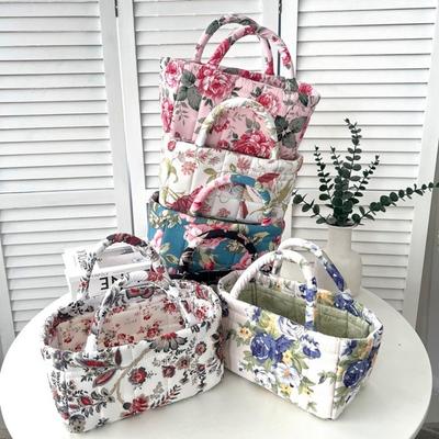 Storage Basket Floral Print Floral Quilted Baskets Portable Lightweight Storage Basket with Handles Desktop Storage Organize