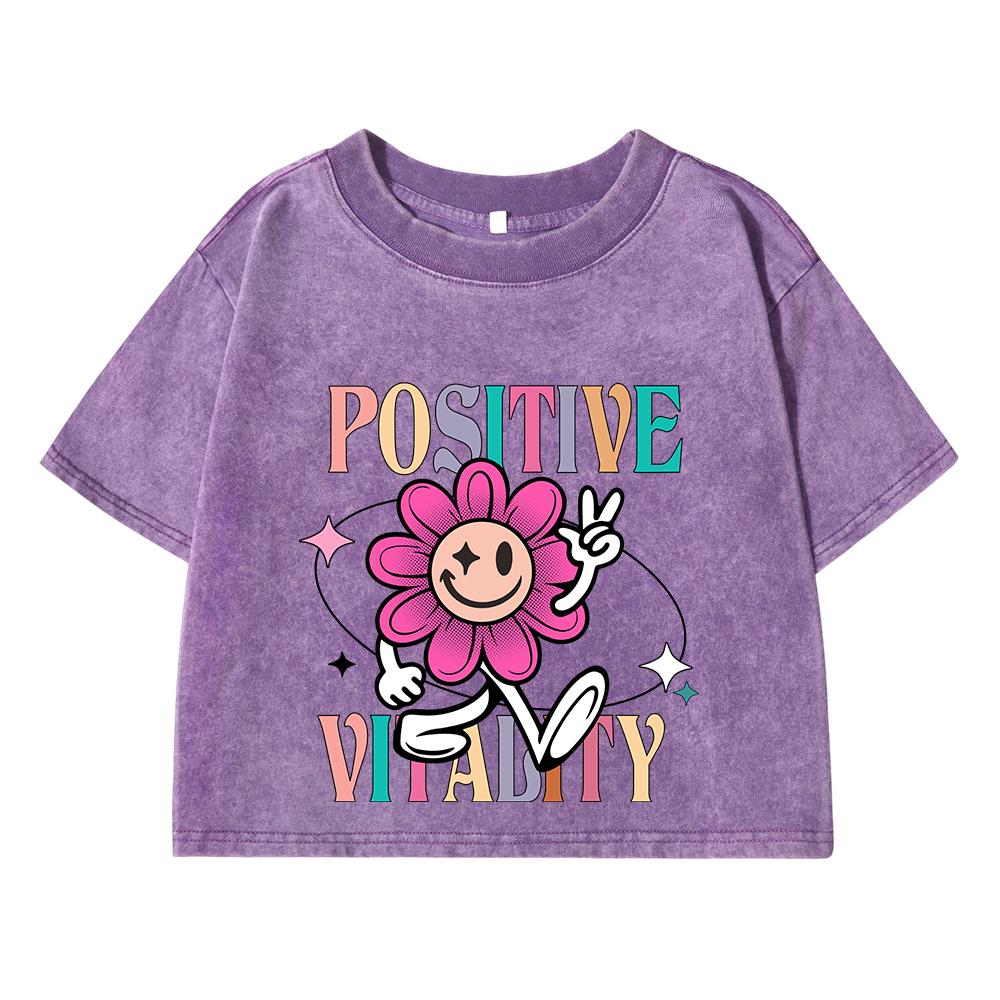 Womans Cotton Washed T-Shirts Trend Distressed O-Neck Crop Tees Positive Vitalty Smiling Flower Printing Tops Clothes