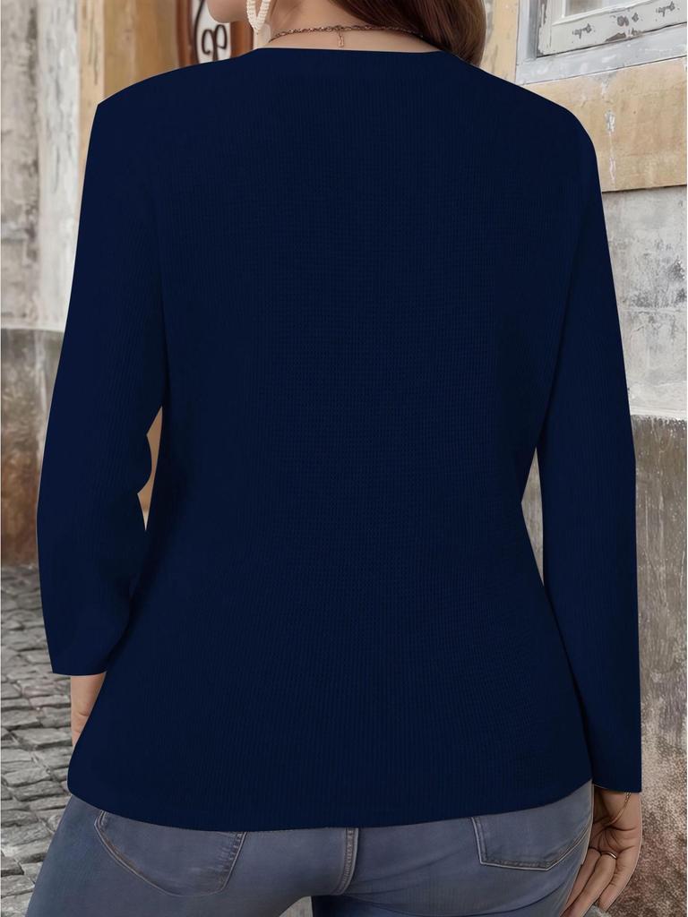 2025 Autumn Plus Size V-Neck Button Waffle Knit Women's T-Shirt
