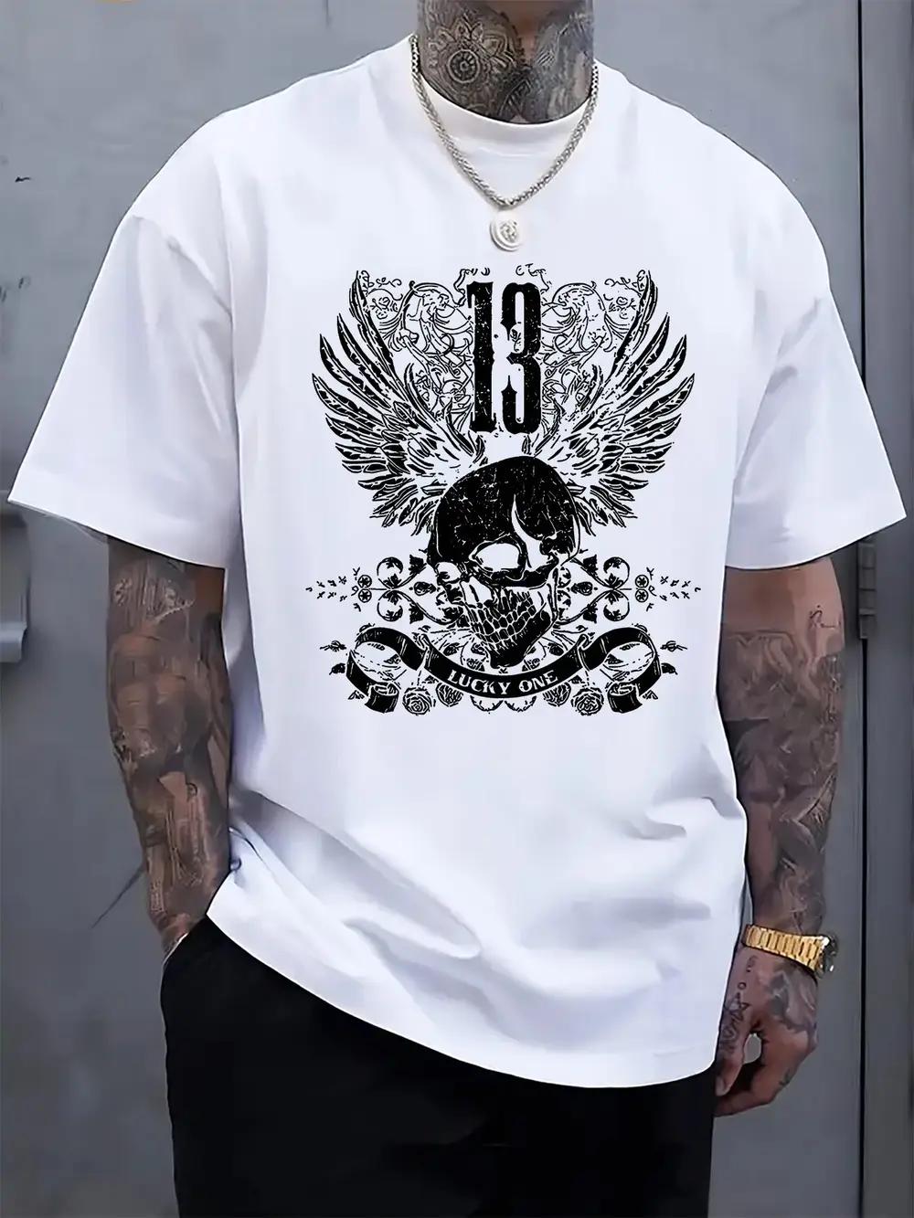 Black 13 Skull & Wings Graphic T-shirt - Casual Crew Neck S
