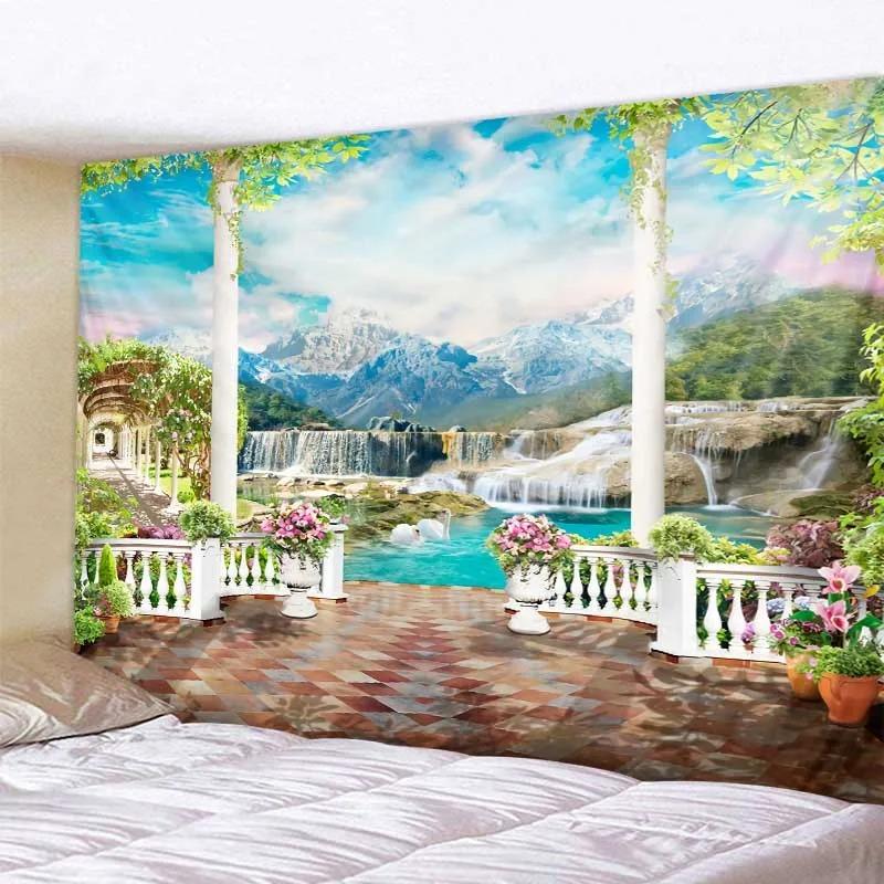 Bohemian aesthetic home wall decoration beautiful landscape tapestry European garden sea view wall hanging hippie