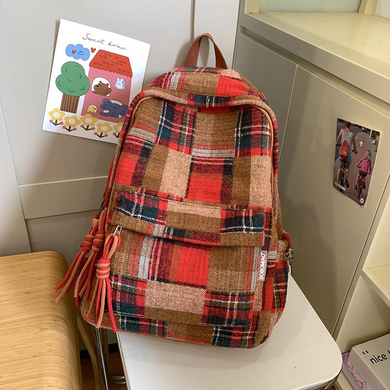Autumn And Winter Retro Woolen Plaid Schoolbag College Style Junior High School Girls High Value Backpack