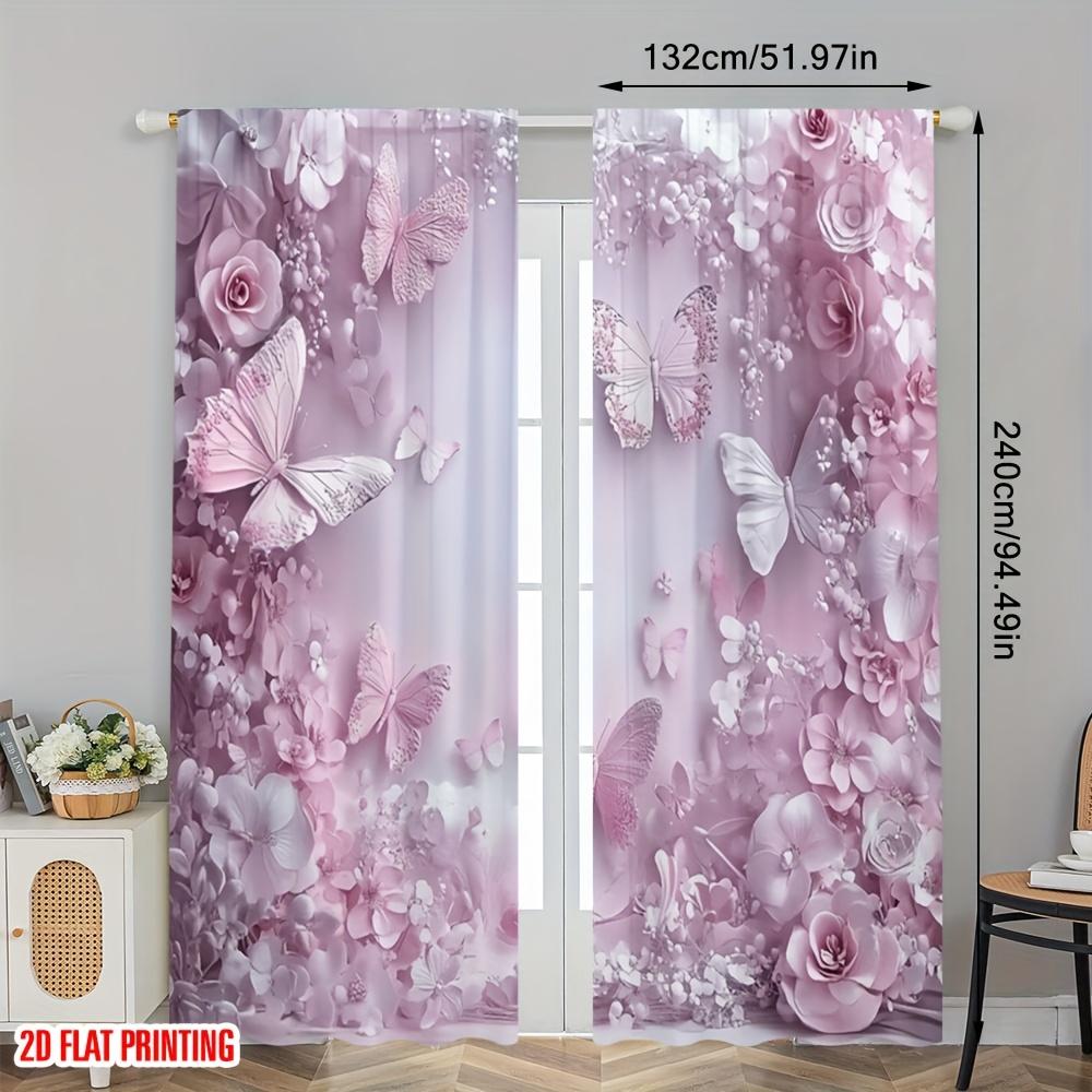 2 Pcs 2D Butterfly & Pink Daisy Sheer Curtains – Spring Party & Holiday Decor for Home