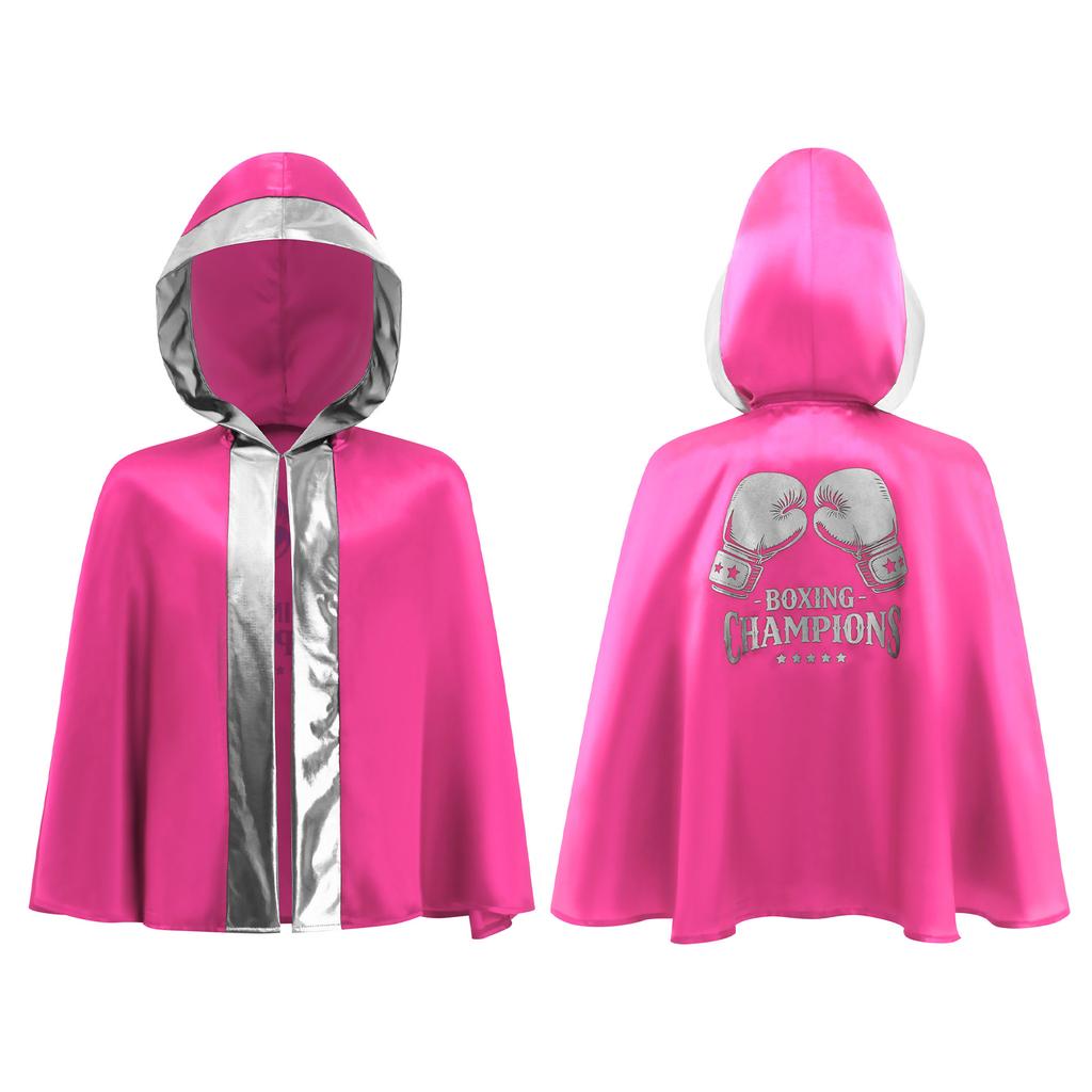 Kids Boys Girls Boxing Costume Halloween Cosplay Cloak Open Front Metallic Trim Letter Printed Back Hooded Boxer Robe