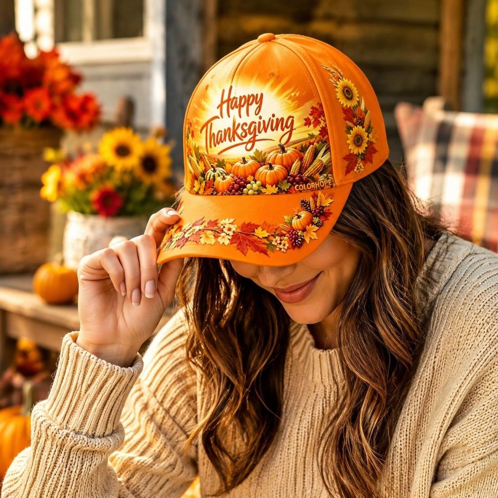 Adult Vintage Retro Baseball with Thanksgiving Digital Print, Casual Adjustable Hat