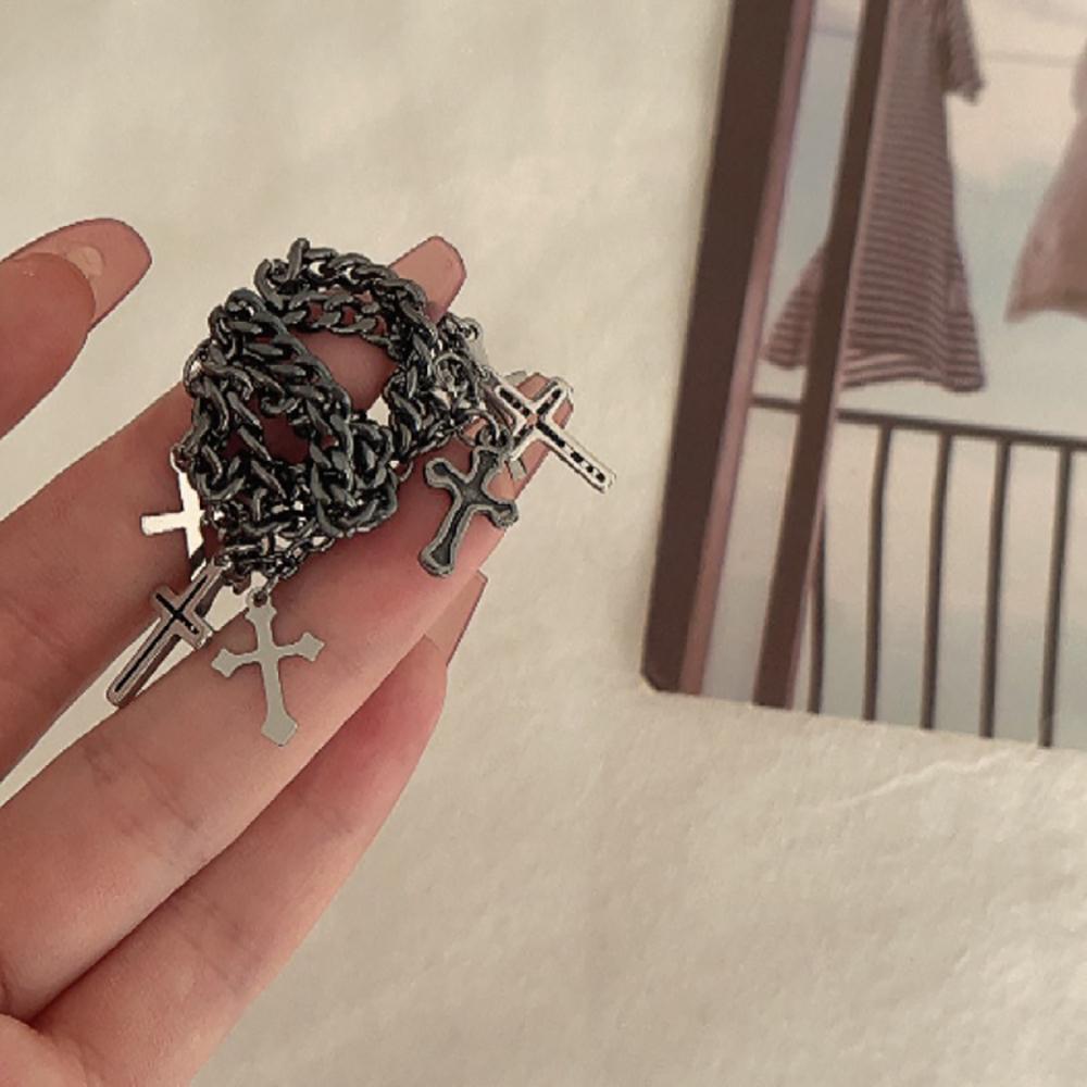 Hip Hop Multi-Layer Ring Black Chain Cross Fringe Pendant Ring Unisex Men Women Fashion Trend Punk Jewelry Accessories