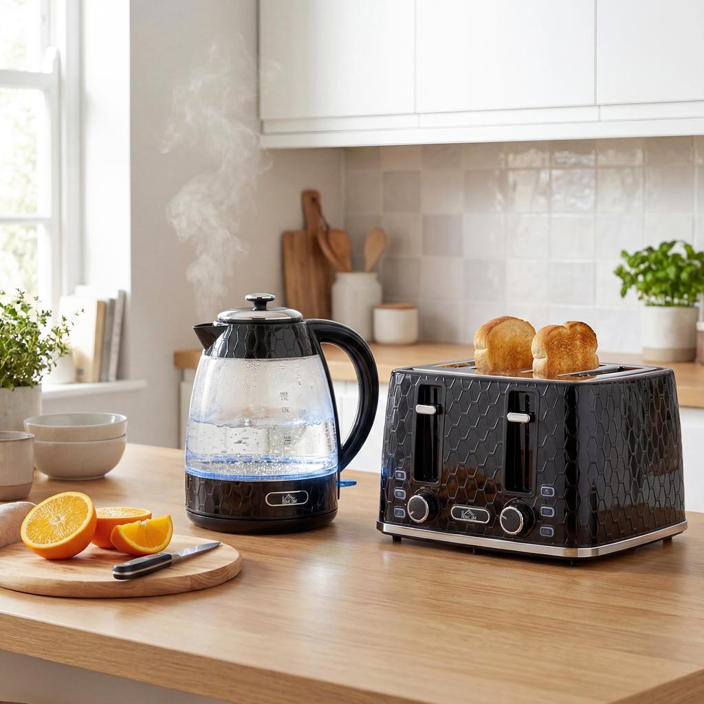 1.7L 2200W Rapid-Boil Kettle and 4-Slice Toaster Set with Limescale Filter, Black