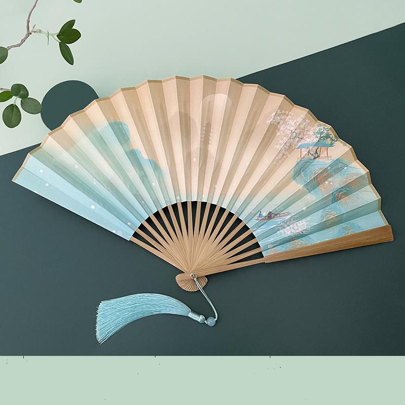 

Древнекитайский стиль Ханфу Веер Двусторонний Цветная печать Портативный Складной Ручной Веер Бамбуковые Ребра Классический Ципао Танцевальный Веер