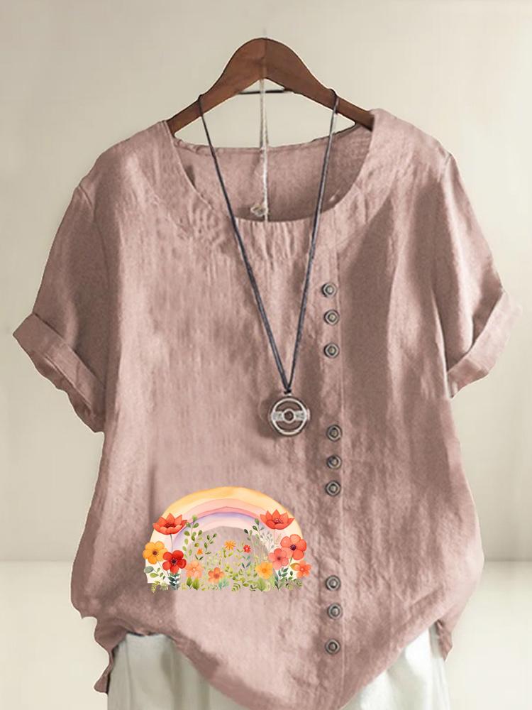 Women s Fashion Rainbow Flower Clusters Printing Round Neck Short Sleeve T-shirt Casual Cotton Linen Graphic Shirt Leisure Loose Summer Blouse Tops S розовый