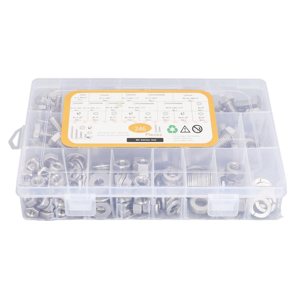 246 szt. śrub sześciokątnych ze stali nierdzewnej, nakrętek, podkładek, zestaw asortymentowy do urządzeń gospodarstwa domowego