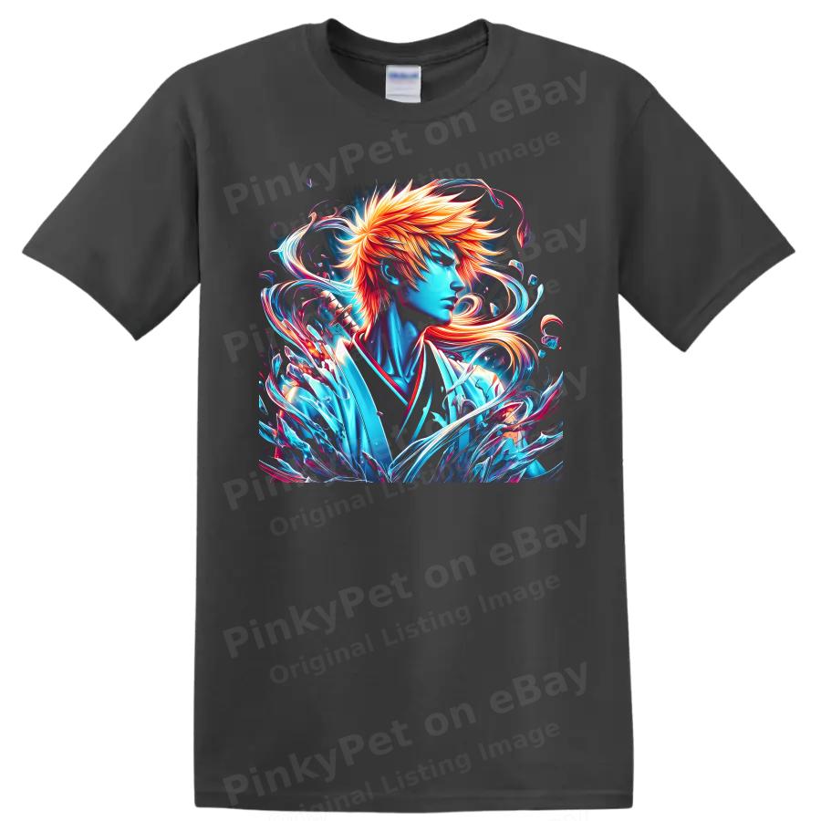 Ichigo Kurosaki Anime T Shirt Neon Vivid Fantasy Warrior Art Graphic Tee Gift