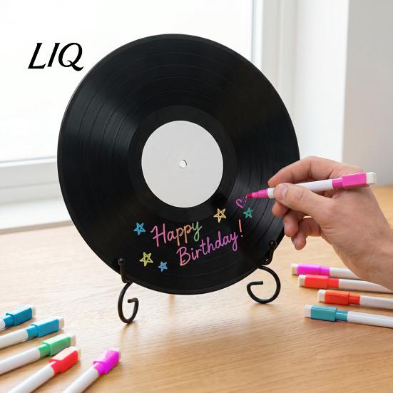 Retro Wall Decorations Vinyl Record DIY Graffiti Clock Ornament, Blank Acrylic Tabletop Reusable Drawing Surface Decor with Stand, Personalized