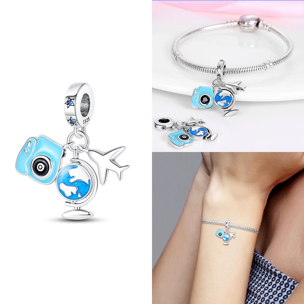Charms 925 Silver Blue Suitcase Airplane Earth Beads Fit Bracelet Women Necklace Jewelry Diy Phone Charms