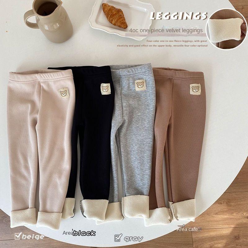 Autumn Winter Children's One-piece Velvet Bottoming Pants Boys Girls Baby Padded Warm Cartoon Elastic Foot Pants Pants