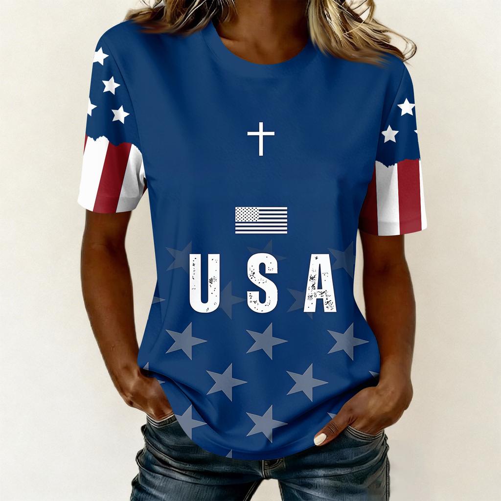 Camiseta feminina casual estampada gola redonda pulôver manga curta top