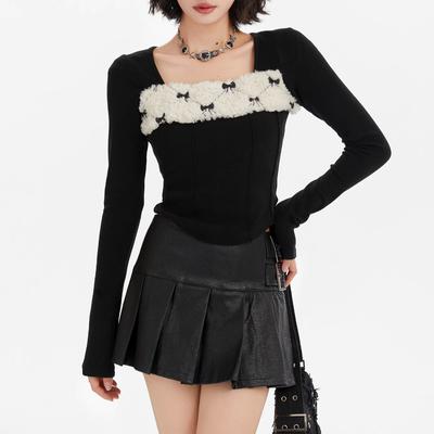 Y2K Vintage Slim T-shirts Dames Herfst Winter Basis Crop Tops Patchwork Lange Mouw T-shirts Koreaanse Mode Pullover