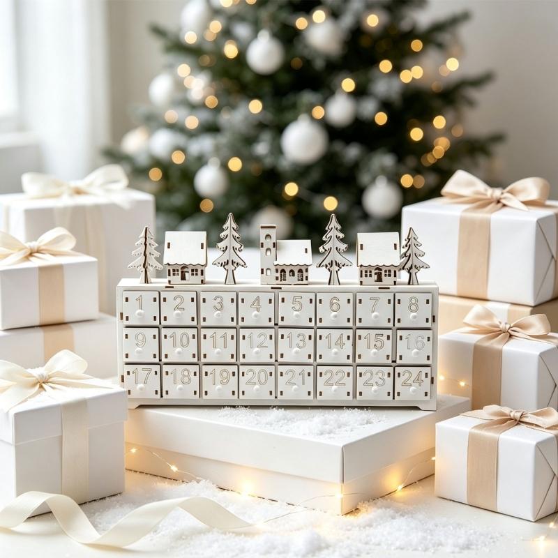 Wooden Advent Calendar with LED Village Lights, 24 Numbered Drawers for Daily Christmas Surprises Plus Seasonal Shelf Display