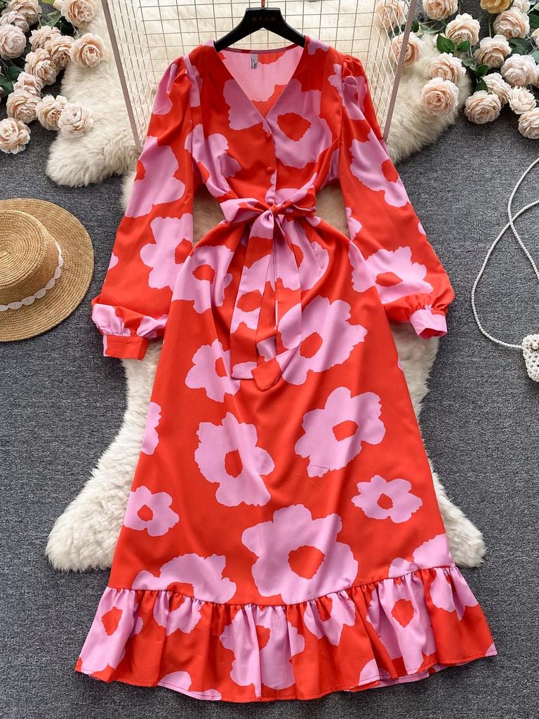 Fashion Flower Print Γυναικείο Φόρεμα Φθινοπωρινό Κομψό Vintage Επίδεσμος Μακρύ μάξι Φόρεμα με βολάν πάρτι Vestidos