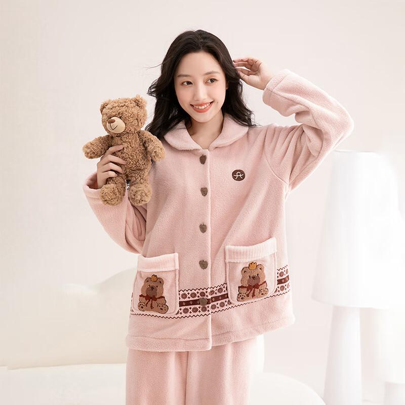 Woen' Anti-Static Double-Sided Fleece Pajaas 2025 Autun Winter New Doll Collar Cardigan Hoewear Sleepwear Set