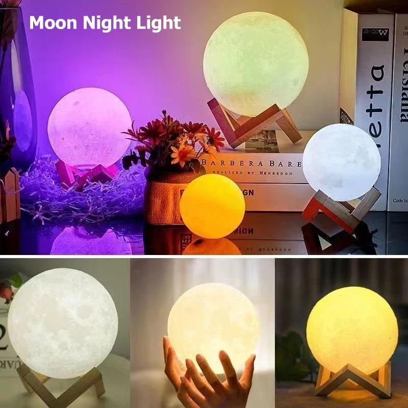 Led Moon Lamp Night Light With Stand 8/12cm Table Print Bracket Battery 3D Lights Warm white multicolor On Home Lamps Romantic