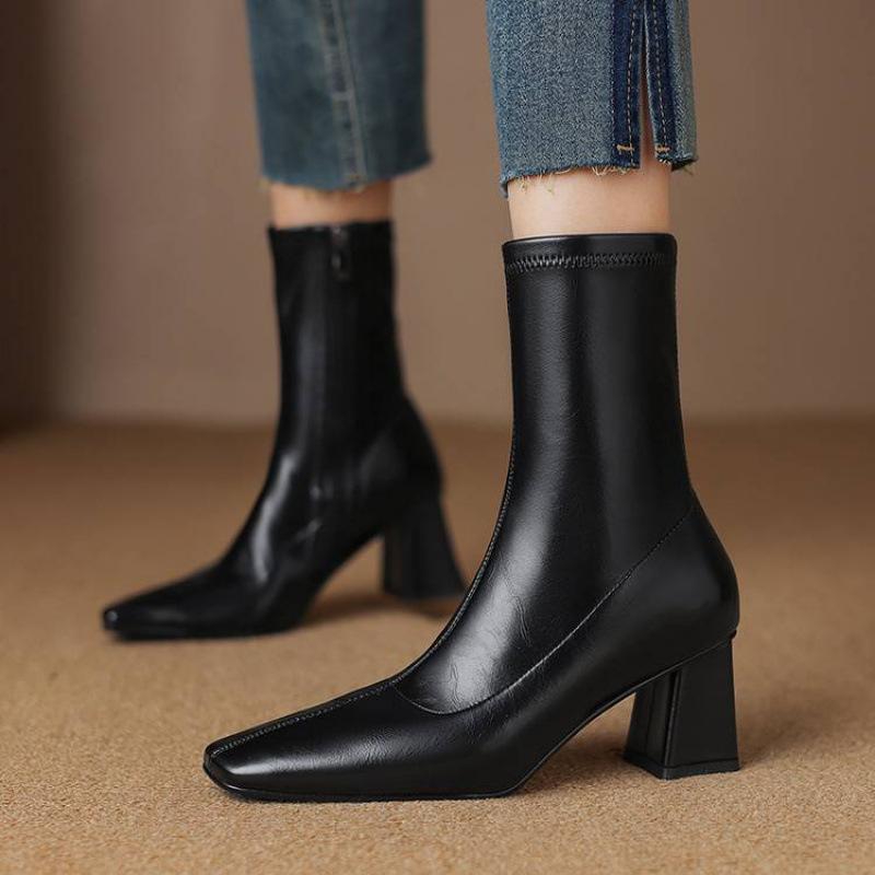 New Women's Versatile Solid Color High Heel Women's Boots Coarse Heel Comfortable Zipper Square Head Knight Boots Autumn and Winter Medium Boots Wome