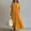 Women Pleated V Neck Maxi Dress Short Sleeve Solid Color Casual Loose Fit Boho Dress