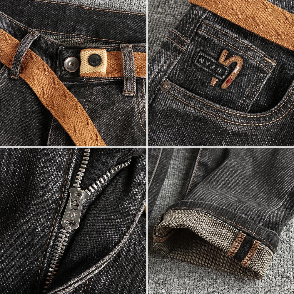 Men's Dark Grey Slim Straight Distressed Jeans with Belt