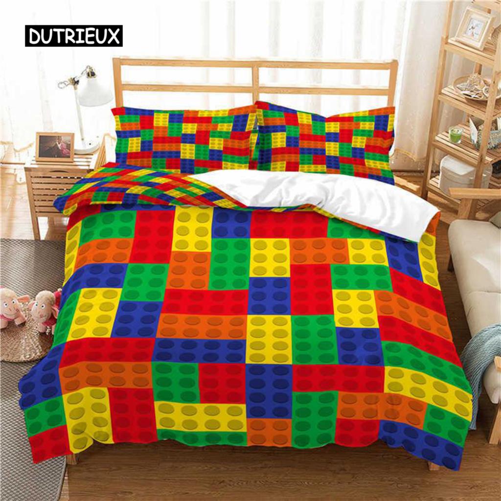 Toy Print Duvet Cover Set Square Gradient Blocks Bedding Set for Kids Teen Colorful Bricks Game Queen Microfiber Comforter Cover