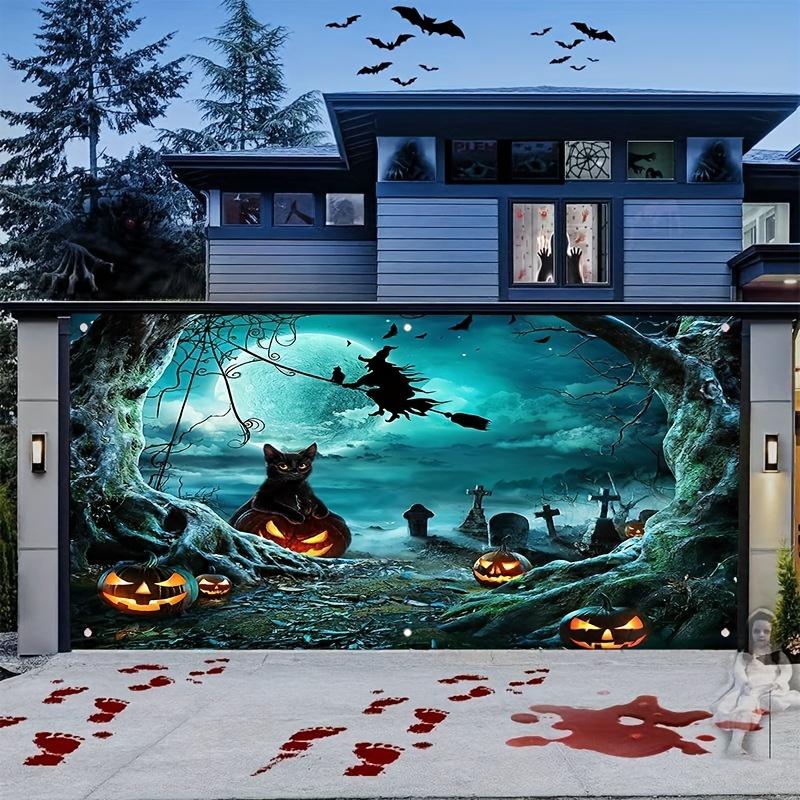 A Halloween garage door polyester banner decoration with a witch and ghost theme a festive party wall decoration