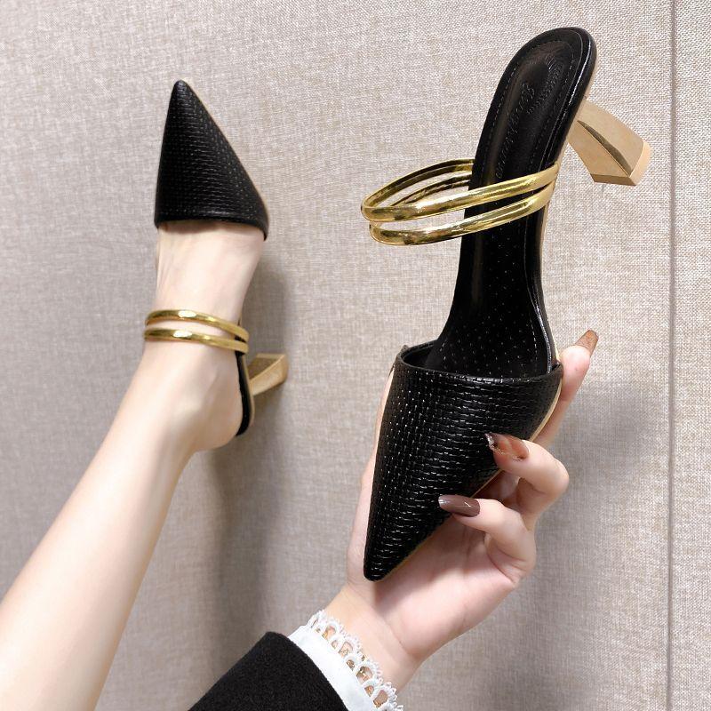 Baotou Half Slippers Women's Autumn Wear 2025 New Thick Heel Fashion Versatile French Retro Pointed Temperament High Heels