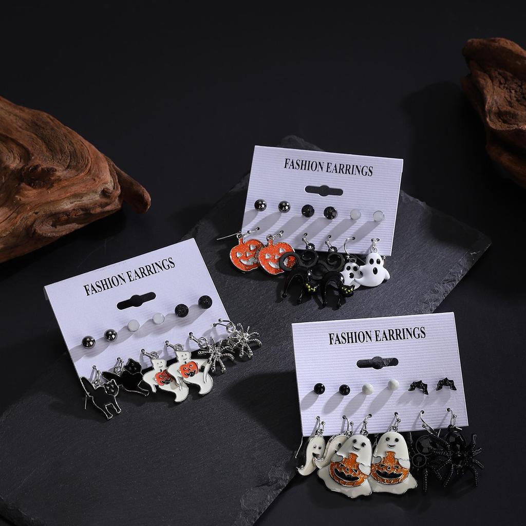 Cross-Border Halloween Earrings Set: Ghost, Pumpkin, Witch, Skeleton, Spider, Black Cat, Bat, Spider Web Ear Studs