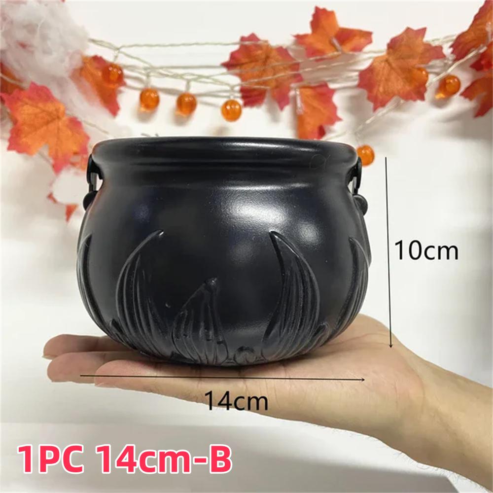 Halloween Candy Bucket Jar Trick Or Treat Black Plastic Cauldron Witch Bowls with Handle Halloween Party Decorations Props