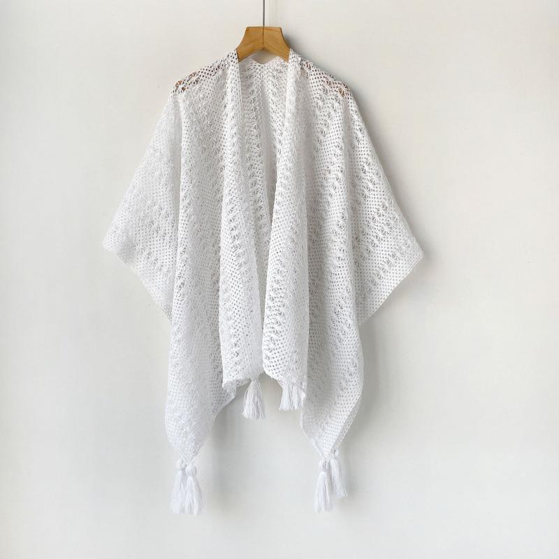 Summer Versatile Ethnic Style White Shawl With Hollowed-Out Knitted Cheongsam Shawl Women'S Air-Conditioning Shawl Fringed Cardigan
