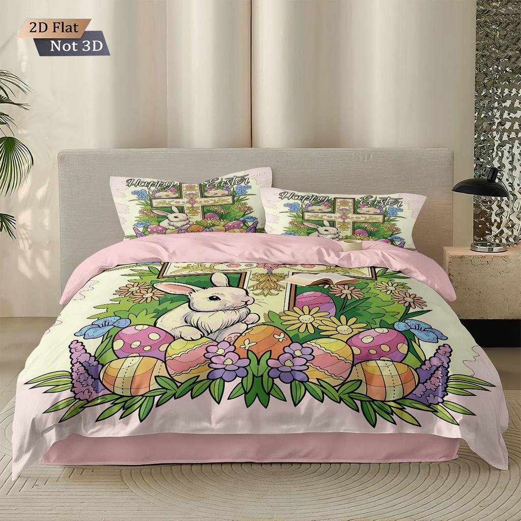 3pcs Easter Happy Flower Rabbit Print Coreless Down Duvet Cover Set Comfortable Bedroom Bedding Decoration Machine Washable