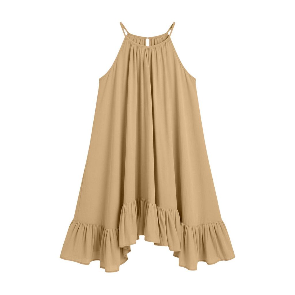 Spring Summer Sleeveless Pleated Halter Vacation Dress for Women
