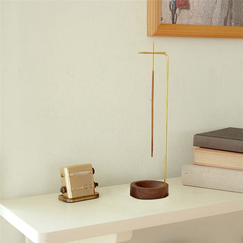 AEE4-Wooden Incense Holder Upside Down Incense Holder With Brass Stand Incense Tray Ash Catcher For Tea Room Decoration