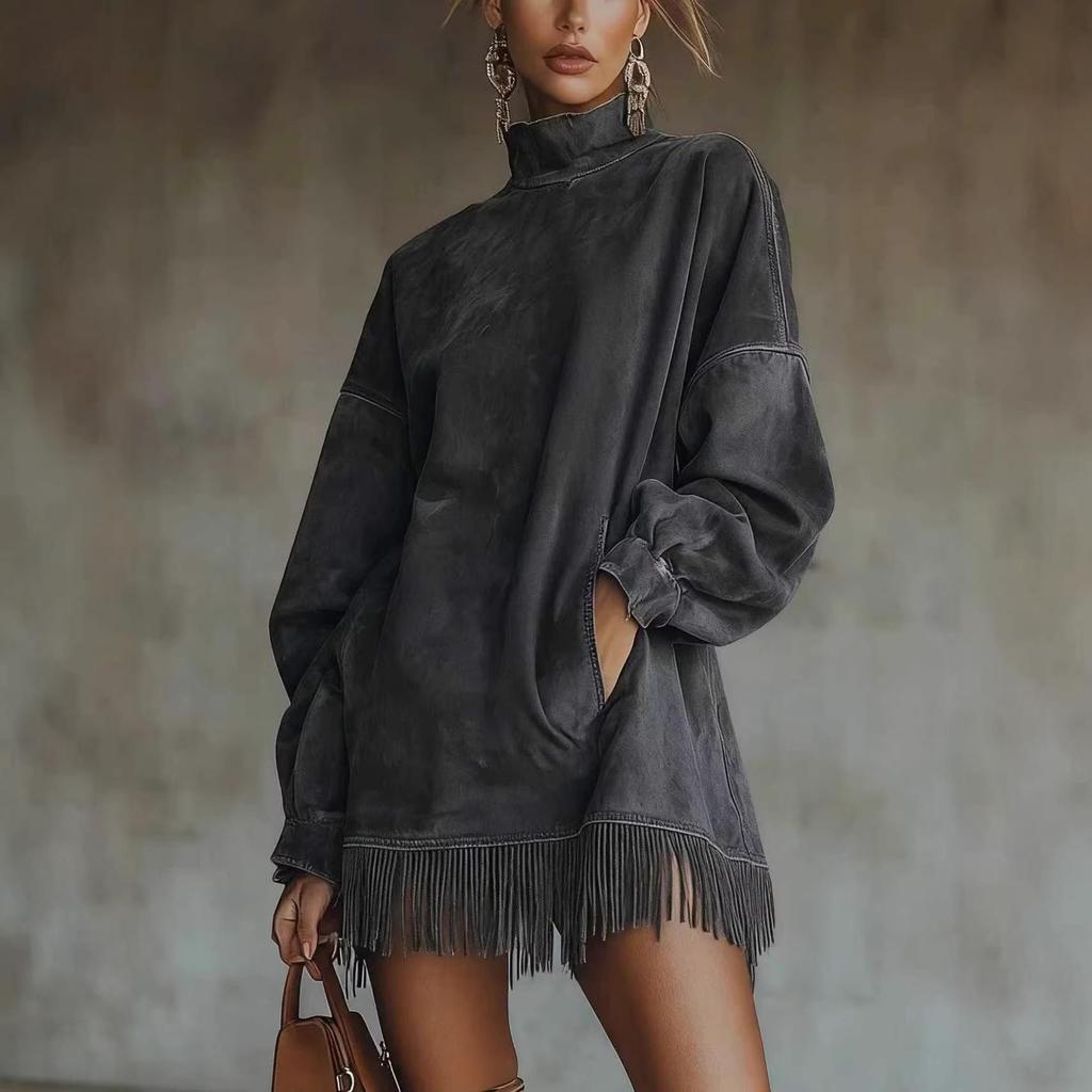 2026 High Neck Suede Dress with Tassels and Pockets
