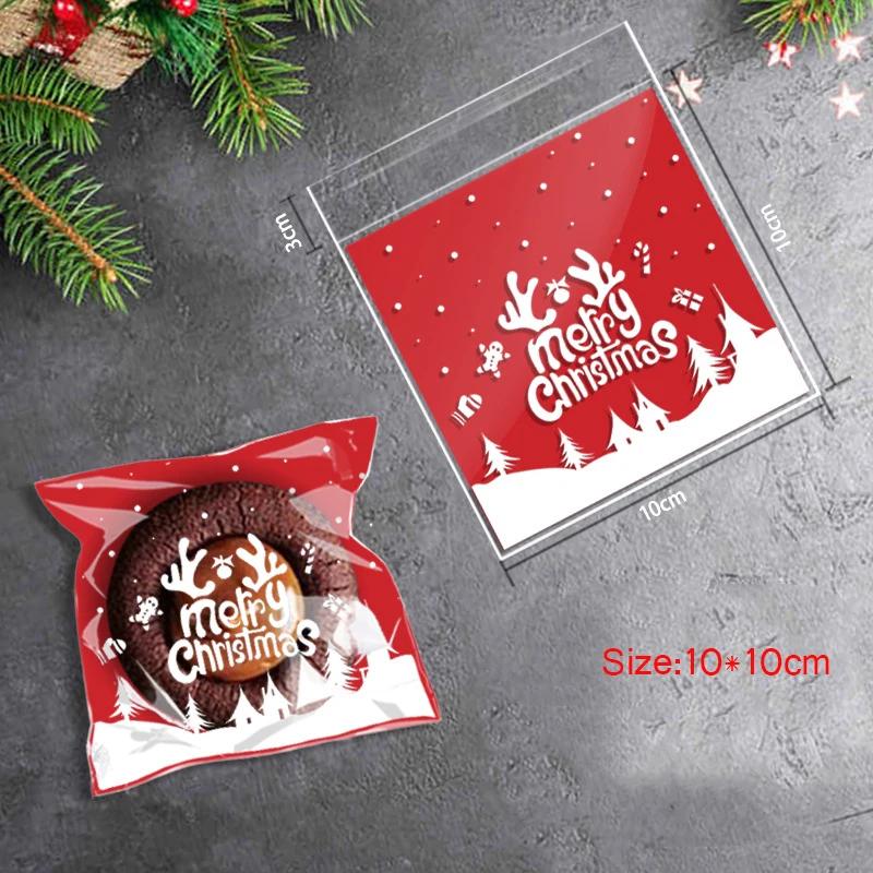 100pcs Christmas Cookie Candy Bags Self Adhesive Gift Packaging Biscuit Snack Bag New Year 2024 Noel Navidad Xmas Party Decor