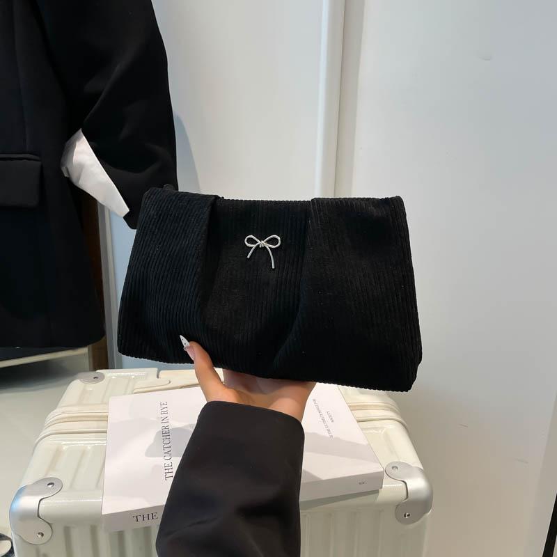 Yogodlns Fashionable Ins Embroidered Butterfly Knot Women's Clutch City Simple Style Corduroy Small Solid Color Purse